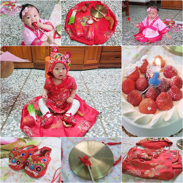 小蓉包抓週/收涎童裝精品館┃育兒日記分享：小櫻桃滿一歲捉週實記，抓週準備的東西、基本原則、儀式和流程，網路抓週道具出租分享 @飛天璇的口袋